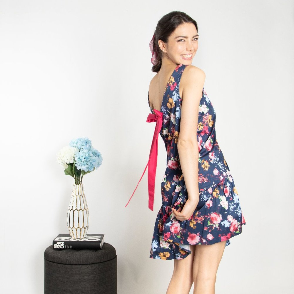 Floral Printed Bottom Ruffle Hem Mini Dress (Dot & Stripe)